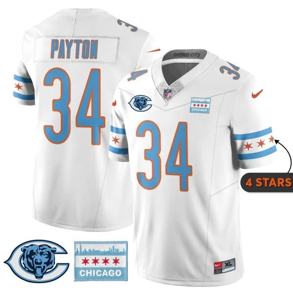 Men's Chicago Bears #34 Walter Payton White City Edition F.U.S.E. With Chicago Flag Vapor Untouchable Limited Stitched Football Jersey